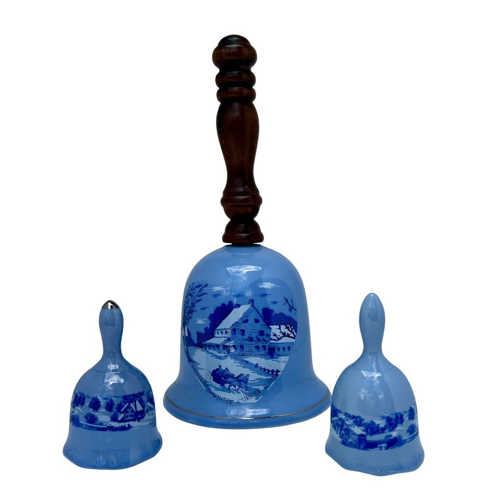Currier & Ives Bells Ceramic Wood Musical Winter Scene Set of 3 Blue